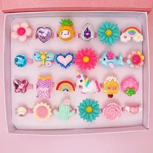 24 Piece Kids Cartoon Ring Set, Cute Princess Jewelry for Girls, Unicorn Flower Animal Designs, Adjustable and Gift Boxed! Perfect for Parties