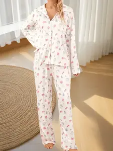 Women's Long Sleeve Pajama Set, Comfortable Fashion Sleepwear, Multi-Color Printed Shirt Collar Top & Pants Two-Piece