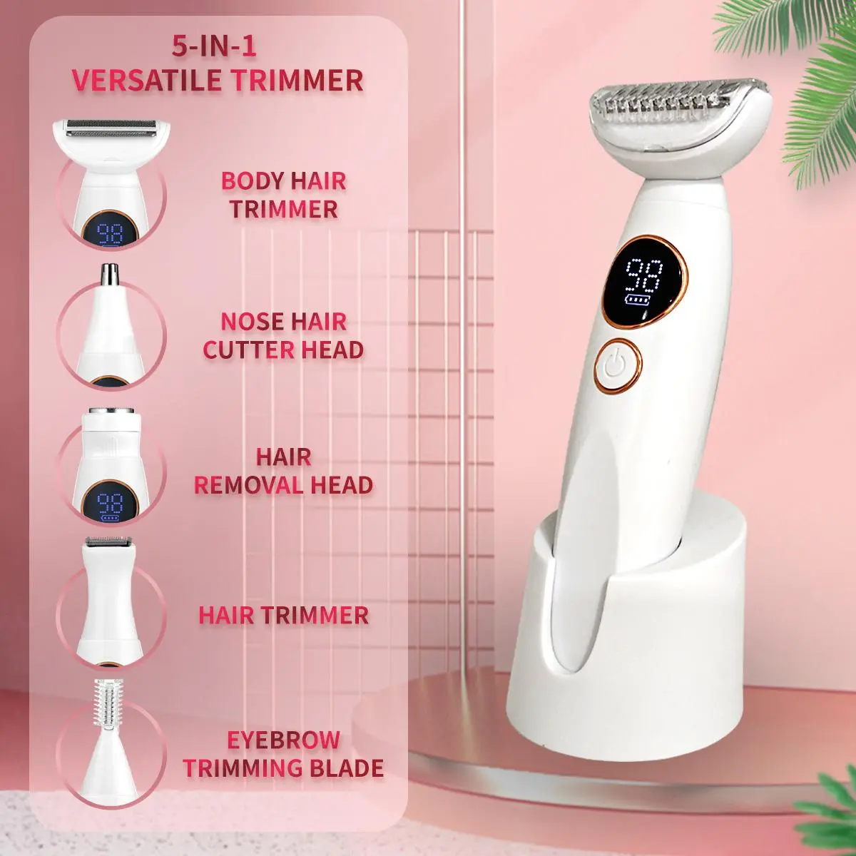 5 in 1 Electric Hair Remover, 1 Set Rechargeable Hair Trimmer with LCD Display & Accessories, Waterproof Hair Removal Tool for Women