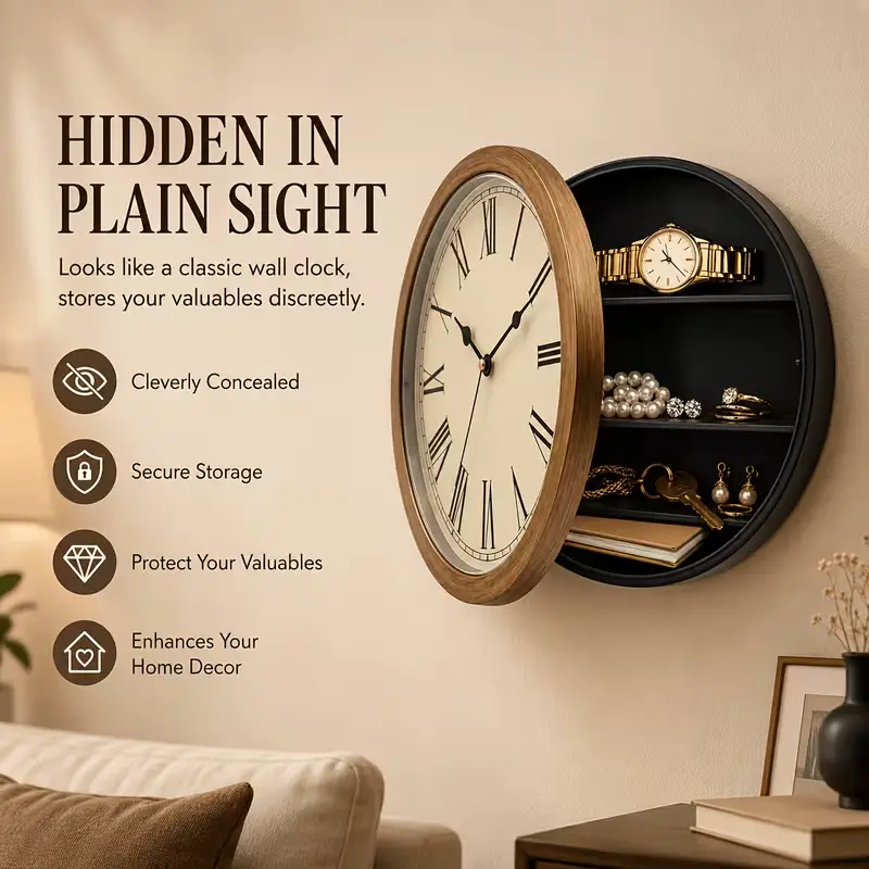 Wall Clock with Hidden Storage – Gold, Black, and Silver Finishes; Roman Numerals; Ideal for Festive Home Decor and New Year/Christmas Gifts