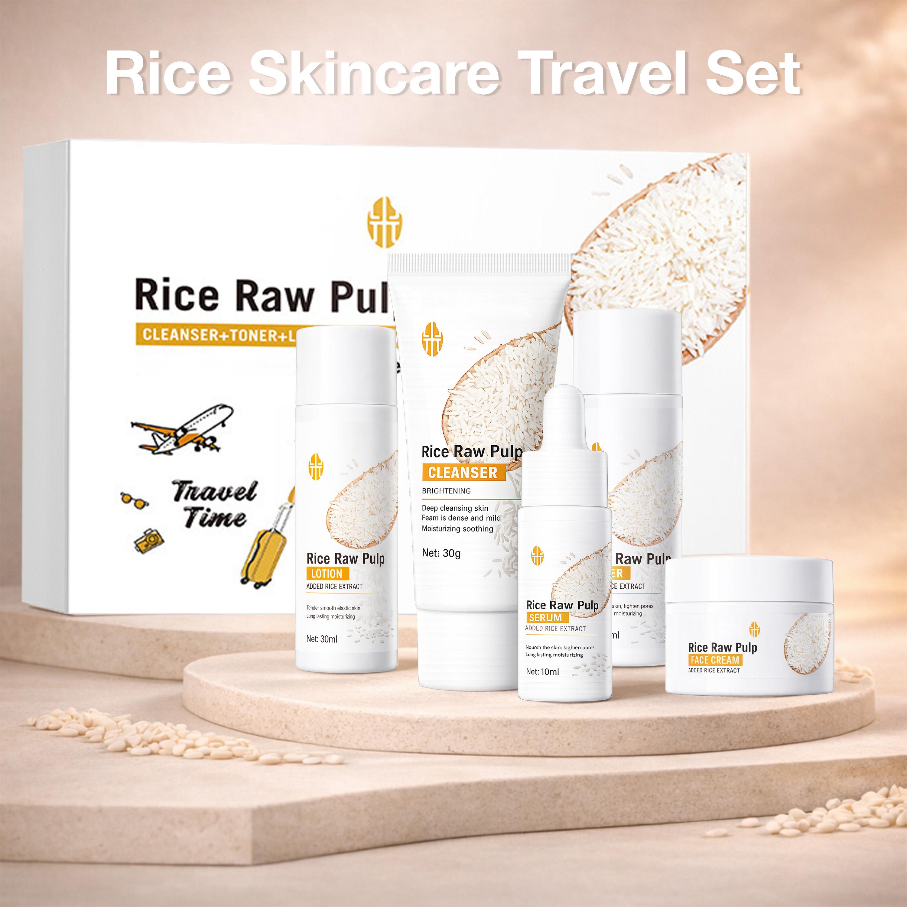 【Mother's Day gift】Rice Skincare Travel 5-Piece Set, Rice Extract Cleanser Toner Serum Lotion Face Cream, Daily Hydration Gentle Care Starter Set