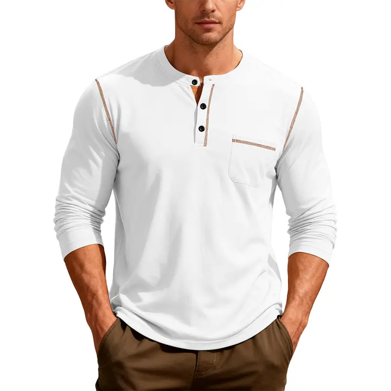 Men's Henley-neck long-sleeve T-shirt with contrast stitching and chest pocket, vintage workwear top