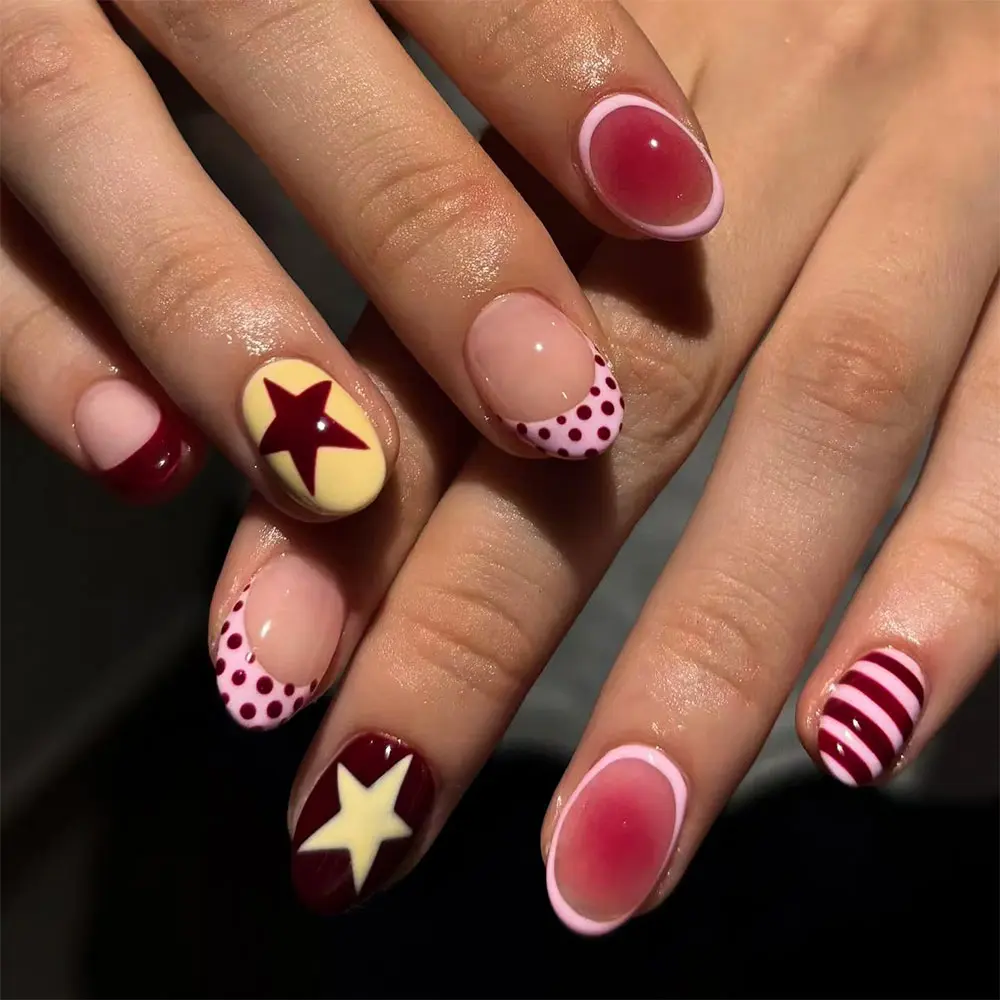 24pcs Short Oval Plum Color French Nail Set, Manicure Nail Art, Star Stripe Design, Polka Dot Acrylic False Nails, Perfect Fit for Women and Girls, Nail Kit