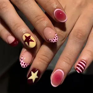 24pcs Short Oval Plum Color French Nail Set, Star Stripe Design, Polka Dot Acrylic False Nails, Perfect Fit for Women and Girls
