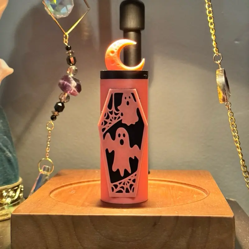 3D Printed Halloween Ghost Lip Balm Keychain Holder. Coffin Design with Moon, Ghost and Spiderwebs pink and black