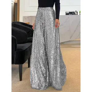 Women's sequined wide leg pants, elegant high waisted pants, suitable for party club shows, women's summer underwearRAIMENTRY