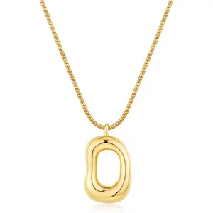18K Gold Plated Irregular Oval Pendant Necklace for Women, Chunky Snake Chain, Minimalist Statement Long Necklace