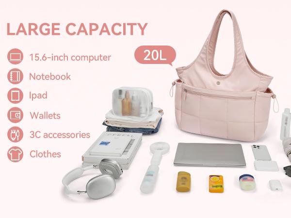 BOSTANTEN Puffy Tote Bag for Women Quilted Shoulder Bag 2PCS Large Travel Duffel Bag for Travel with Multiple Compartment