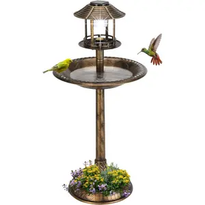 VINGLI Outdoor Bird Bath, Garden Bird Baths Decorations with Solar-Powered Lamp and Resin Pedestal Flower Planter Base Bird Feeder for Yard Patio