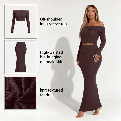 Elengatine Women's 2-Piece Knit Outfit Set - Off-Shoulder Long-Sleeve Crop Top, High-Waisted Mermaid Skirt, Textured Stretchy Fabric, Slim-Fit Elegant Casual Dressy Set for Date Night, Party, Daily Wear
