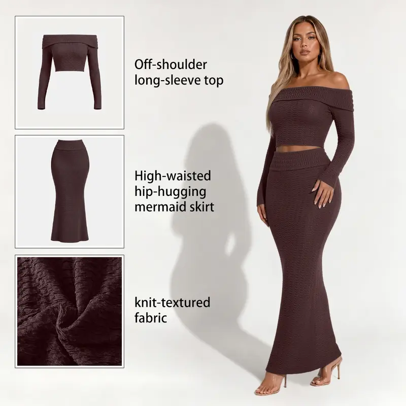 Elengatine Women's 2-Piece Knit Outfit Set - Off-Shoulder Long-Sleeve Crop Top, High-Waisted Mermaid Skirt, Textured Stretchy Fabric, Slim-Fit Elegant Casual Dressy Set for Date Night, Party, Daily Wear