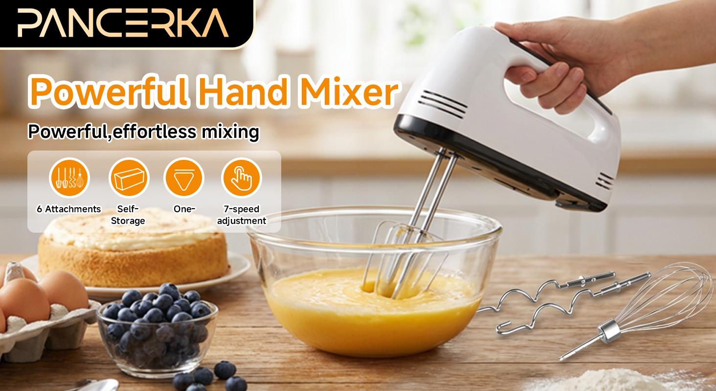Hand Mixer, 7-Speed Electric Kitchen Mixer with 5 Stainless Steel Attachments, Electric Whisk for Kitchen Baking, Snap-On Storage Case