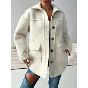 A Women's Casual Teddy Jacket with Turn-Down Collar and Button Details, Long-Sleeve Warm Coat Suitable for Autumn and Winter Seasons Womenswear Tops
