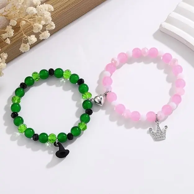 Wild Enchantress Bracelets & Bangles Set of 2, Wicked Inspired Retro Beads Jewelry with Witch Hat, Crown, Broom & Magic Charms, Witchcraft Aesthetic Gift for Best Friends, LGBTQ Valentine's Day, Unisex Wear
