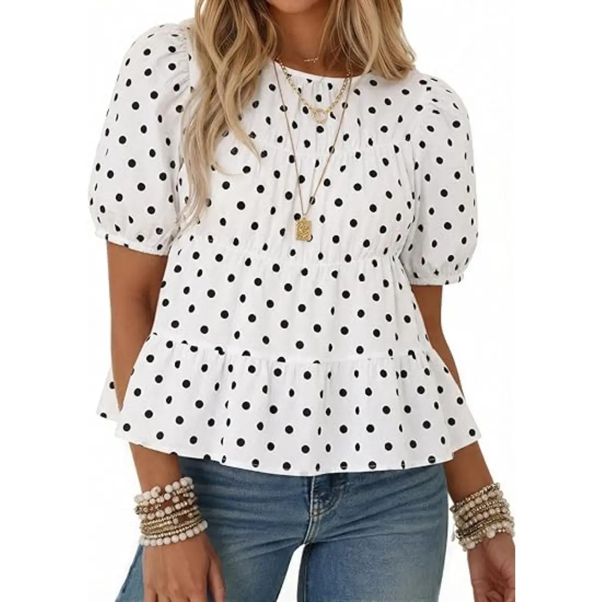 【SALE】Imily Bela Womens Puff Sleeve Peplum Babydoll Tops Summer Smoked Pleated Cotton T-Shirts Casual Loose Fit Flowy Blouse