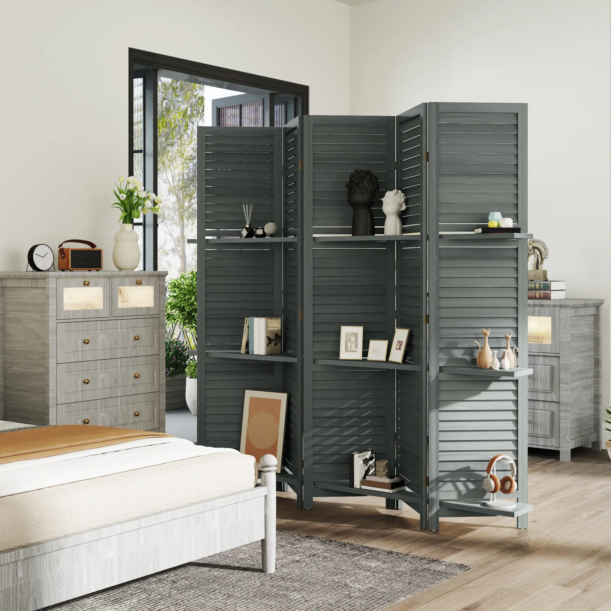 Gray 5-Panel 67" Tall Wood Privacy Screen Room Divider with 3 Shelves, Folding Storage - Freestanding Partition for Bedroom, Living Room, Home Office, Plant Display
