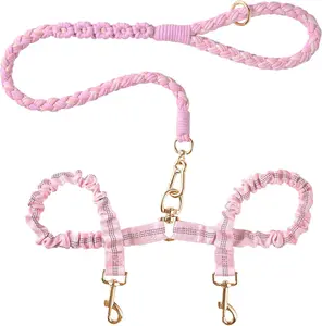 Double Dog Leash – Tangle-Free Dual Leash with 360° Swivel, Shock Absorbing Bungee, Reflective Stitching & Hand-Braided Main Rope (Supports Up to 440 lbs, Pink)