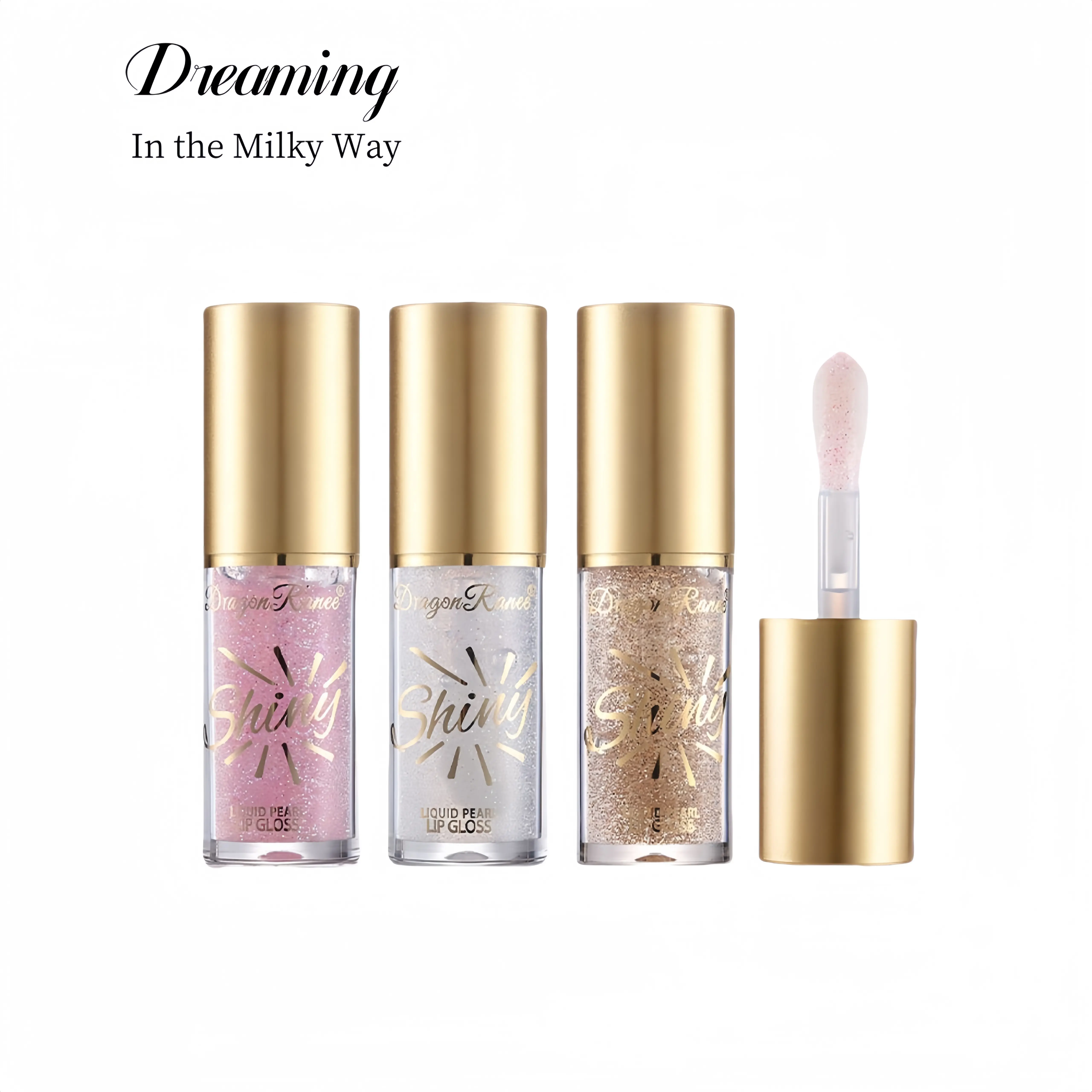 Glitter Lip Glossy Trio With Large Brush Cosmetic Lipstick Head Mirror Waterproof Pearlescent Lip Oil Lip Glaze Set Moisturizing Fine Lips Makeup