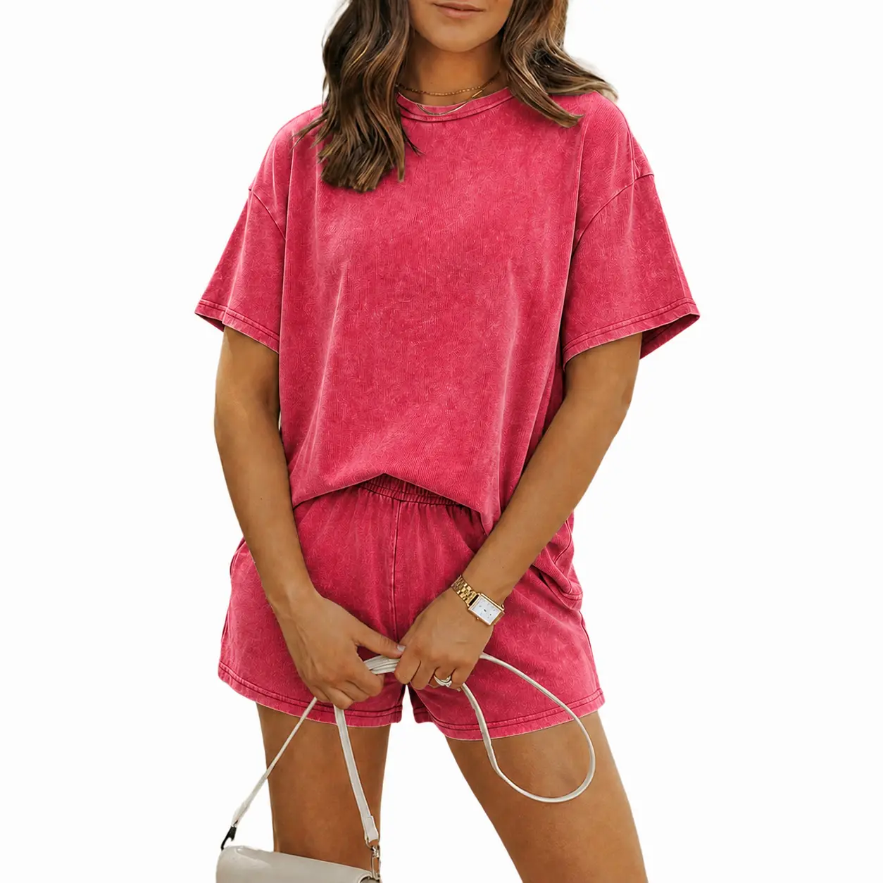 QKU Women's 2-Piece Basic Minimalist Loungewear Set, 100% Cotton Mineral Wash Oversized Short-Sleeve T-Shirt & Comfortable Elastic-Waist Shorts