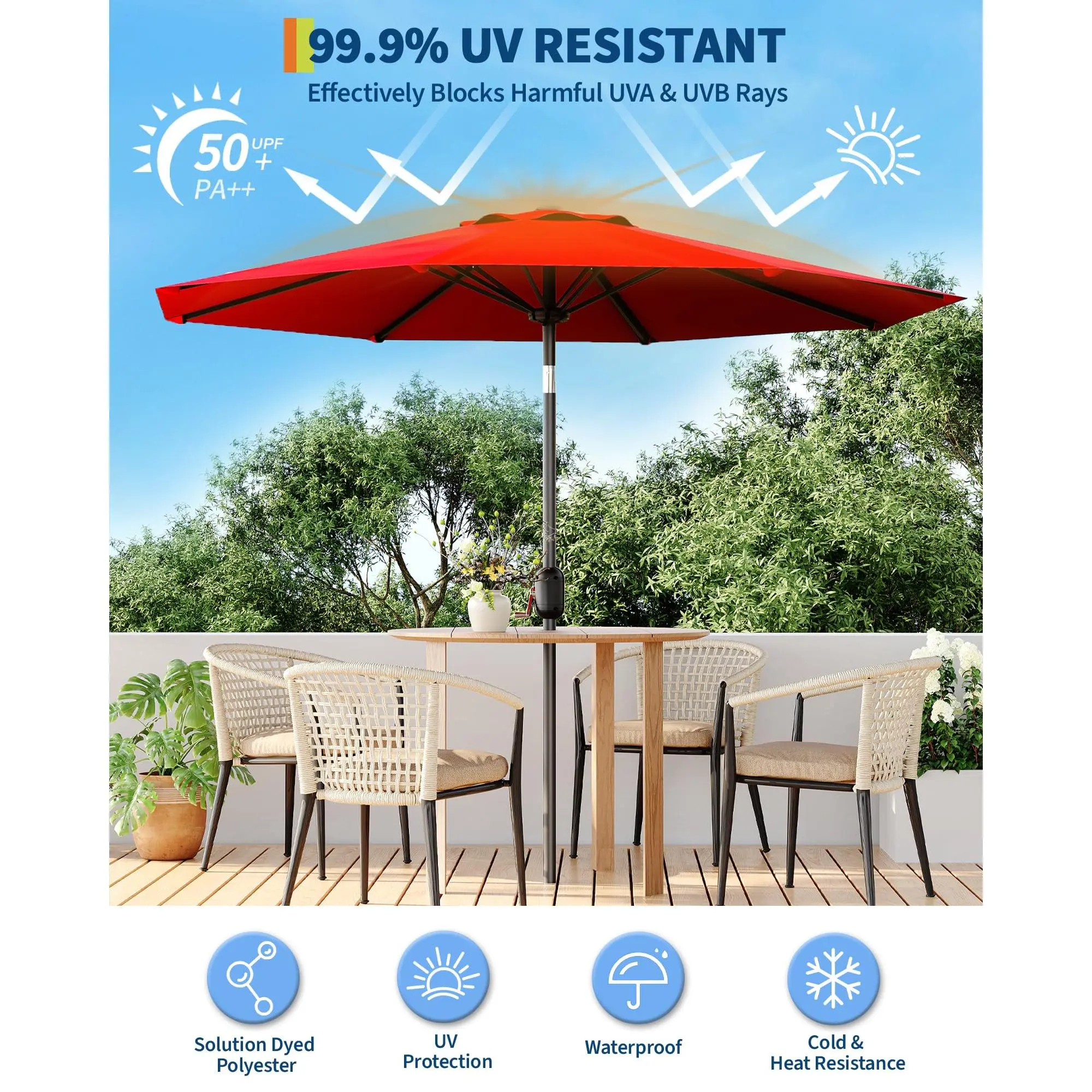 9 FT Outdoor Patio Parasol Umbrella - Heavy-Duty Iron Frame Garden Umbrella with Easy Tilt, Crank Handle, 8 Ribs, UV-Resistant, Waterproof for Patio, Backyard