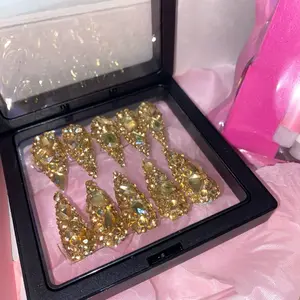 Medium Length Stiletto Bling Press On Nails with Gold Rhinestones for Elegant Manicure - Perfect for Any Occasion