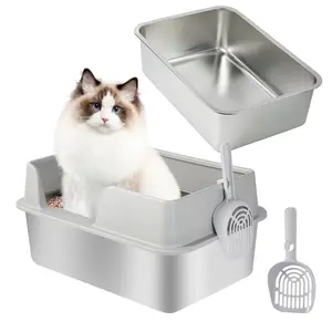 Stainless Steel Litter Box Enclosed, Metal Cat Litter Box, Extra Large cat Litter Box for Big Cats, Metal Litter Pan Tray for Indoor Large Cats, Non-Sticky, Anti-Leakage, Easy Cleaning