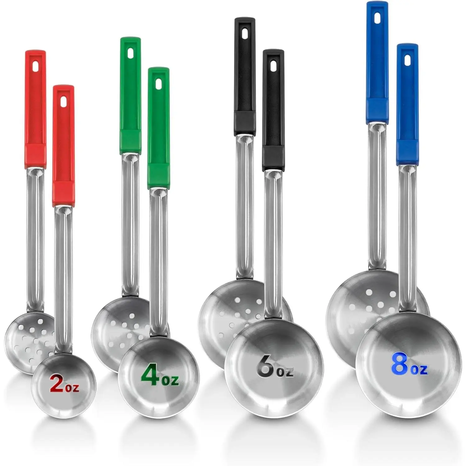 Set of 8 portion control serving spoons, slotted and unslotted heavy-duty stainless steel portion scoops, 2 oz, 4 oz, 6 oz, and 8 oz food utensils for portion control