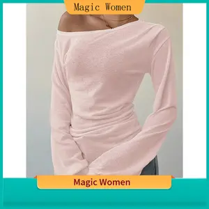 Magic Women Off-the-Shoulder Women's Longsleeves T-Shirt, Solid Color, Elegant Polyester Fabric, Spring-Summer Casual Loose Top, Beach Vacation Wear