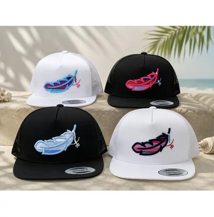 Rancher Feather Flat Bill Trucker Hat | Embroidered Feather Snapback Cap | Western Cowboy Mesh Hat | Outdoor Casual Gift for Men & Women