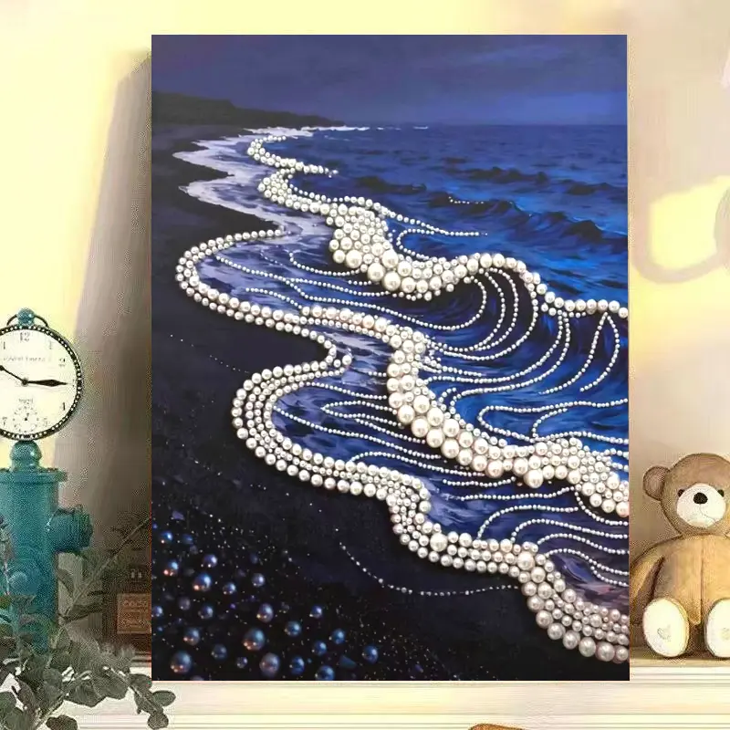 ZaiDoc Tranquil Blue Ocean Sparkle Bead Mosaic DIY Paint by Numbers Pack, Deep Tone Textured Canvas Seascapes, Minimalist Coastal Wall Centerpiece for Household Decoration & Premium Handcrafted Gifts