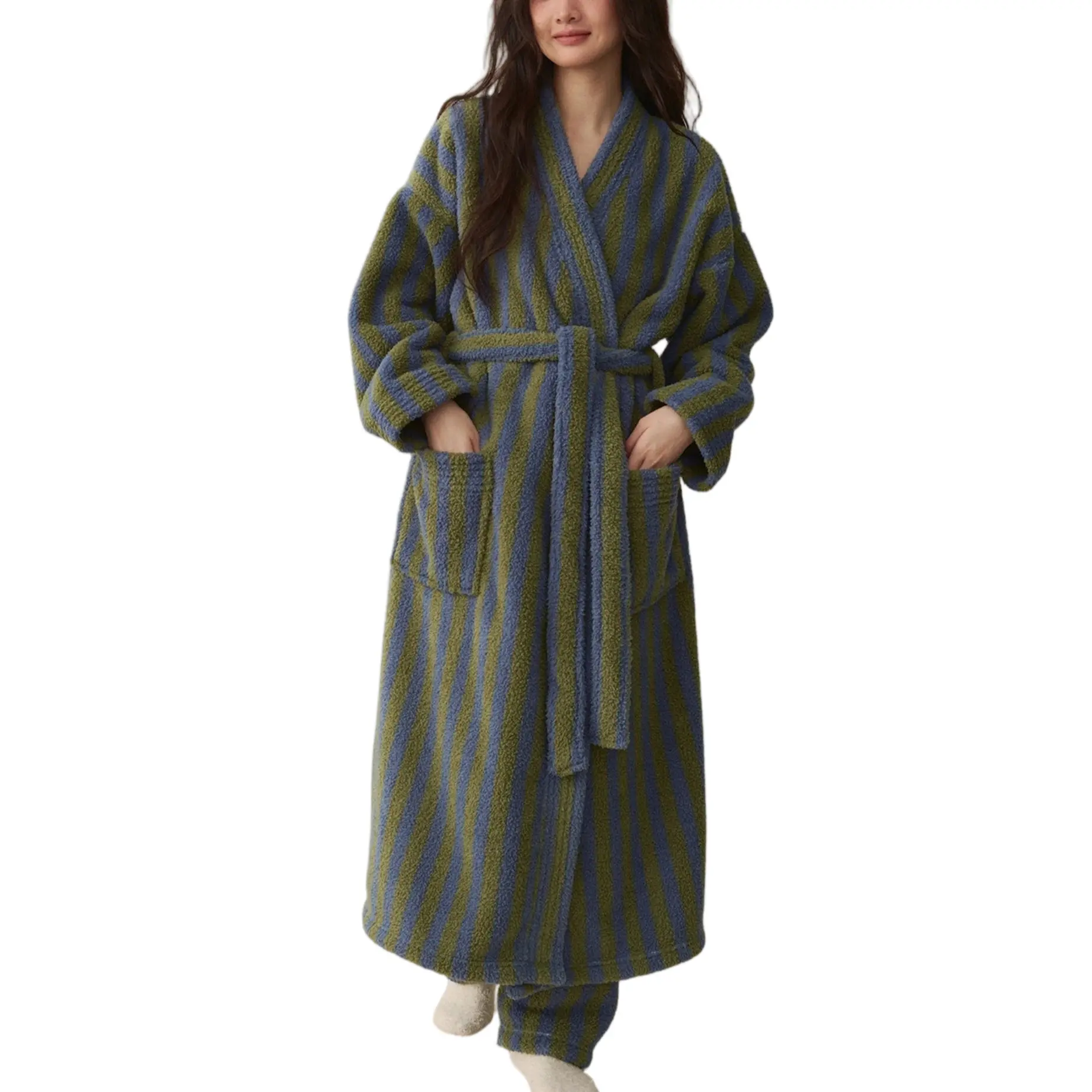 Songling Women's Bathrobe, Chic Striped V-Neck Kimono in Fuzzy Fleece, Comfy Matching Long Loungewear Robe for Winter, Wrap Front