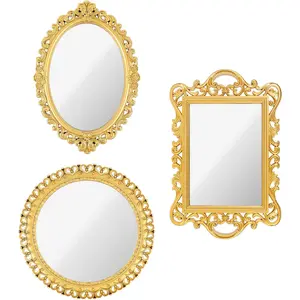YEXEXINM 3 Styles Vintage Gold Mirror Set Decorative Antique Mirrors for Wall Hanging Vanity Table Mirrors with Stand Resin Frame Retro Mirror for Living Room, Bedroom, Dresser & Photography Decor