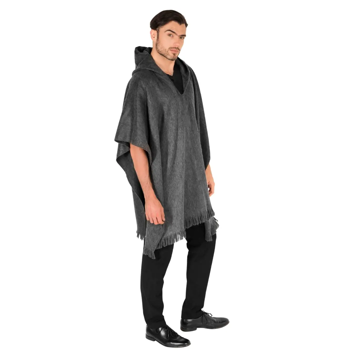 Premium Alpaca Wool Poncho – Western Hooded Cape for Men & Women – 70% Alpaca, Soft & Warm Mexican Poncho - Plain Gray Design
