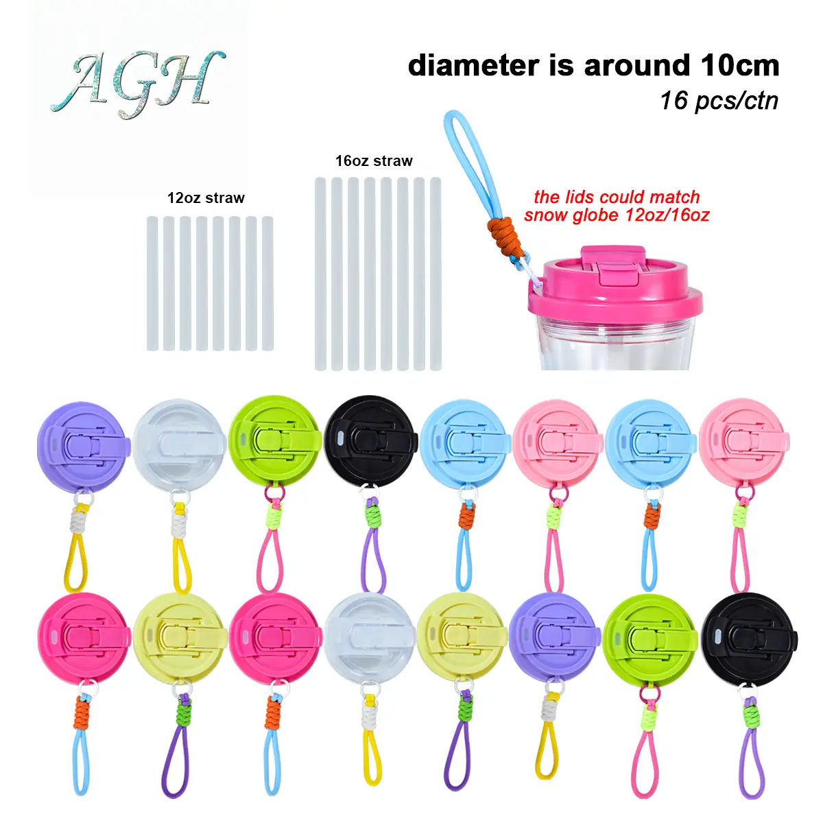 AGH US 12OZ/16OZ Replacement ONLY! 2-IN-1 Lids Mixed 8-color with straps, 8pcs for 12oz, 8pcs for 16oz, Matching 12oz/16oz skinny snow globe tumbler, 16pcs/ctn