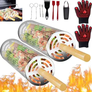 Nesting Rolling Grill Baskets 2PCS,304 Stainless BBQ with Removable Wooden Handle for Vegetables,Shrimp,Camping,Backyard,Grilling Accessories,Grilling Gifts for Men