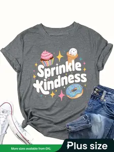 【Plus Size】 Cartoon Ice Cream & Letter Print Round Neck Tee, Casual Short Sleeve Crew Neck T-Shirt for Summer, Women's Clothing for Daily Wear