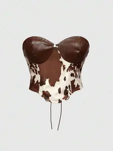 Meghana Summer Vintage Cow Print Patchwork PU Blouse For Concerts And Raves