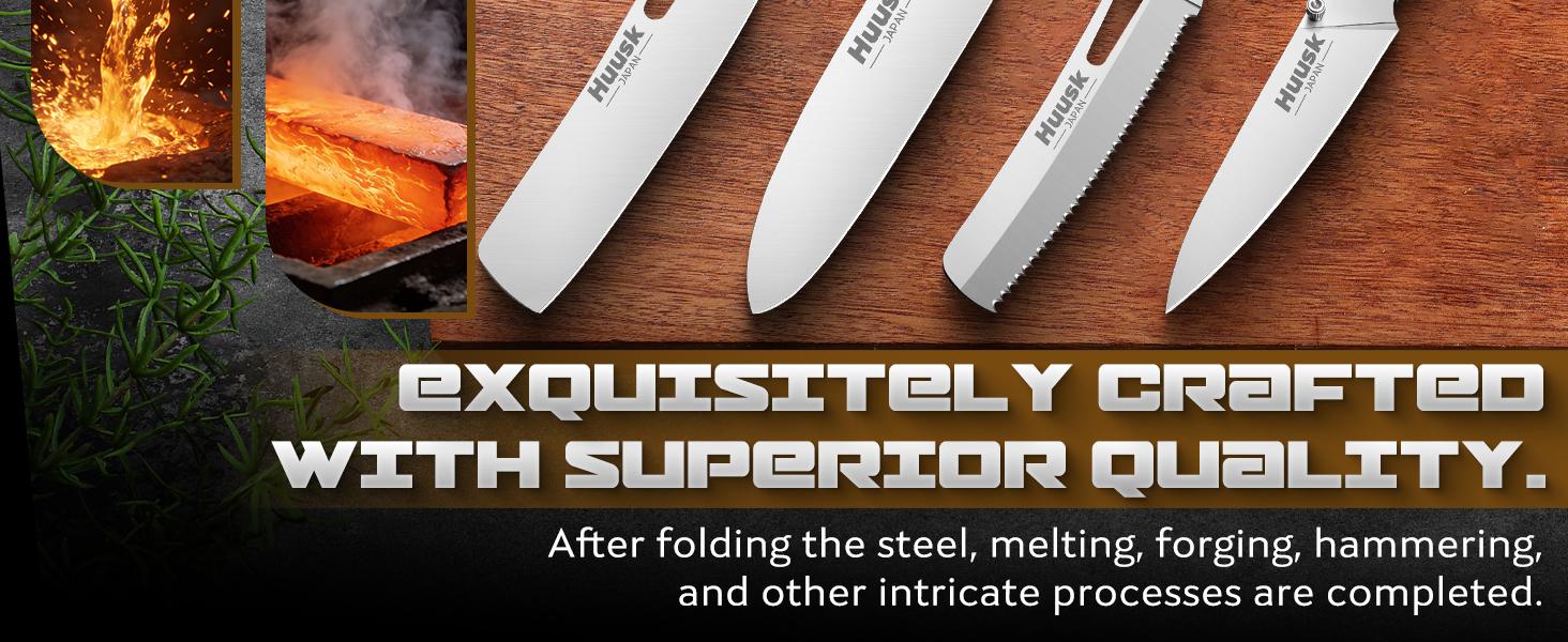 Huusk Folding Chef Knife Set - Including Nakiri, Santoku, Bread and Fruit Knives - EDC Kitchen Knife Set with 440C Stainless Steel Ultra Sharp Blade - Japanese Pocket Knives for Gift Giving