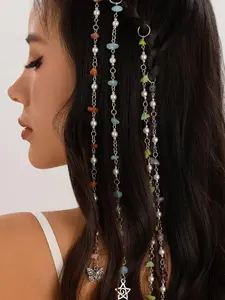 Boho Style Faux Pearl Decorated Hair Chain, Colorful Tassel Braided Hair Clip for Hair Braid, Punk Style Hair Accessories for Women & Girls, Pendant, Braid Hairstyles