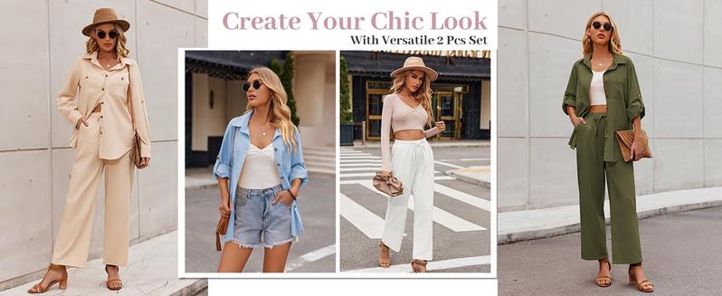 zeagoo Women 2 Piece Linen Sets Button Down Shirt and Drawstring Long Pants Set Summer Outfits Halloweez zeagoo Women 2 Piece Linen Sets Button Down Shirt and Drawstring Long Pants Set Summer Outfits Halloweez