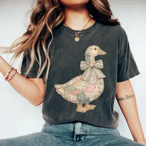 Patchwork Goose Easter T-Shirt, Faux Quilted Grandmacore Goose Shirt, Floral Retro Duck Tee, Cottagecore Spring Goose T-Shirt, Vintage Easter Graphic Shirt