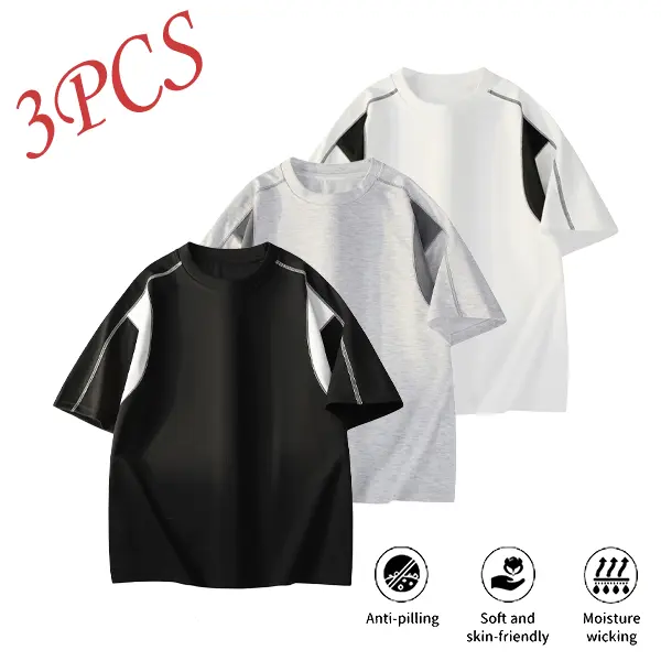 Men’s Summer Colorblock Quick-Dry Short-Sleeve T-Shirt Set, 3 Pieces — Breathable, Sweat-Wicking, Loose Fit, Plus Size, Sports & Casual