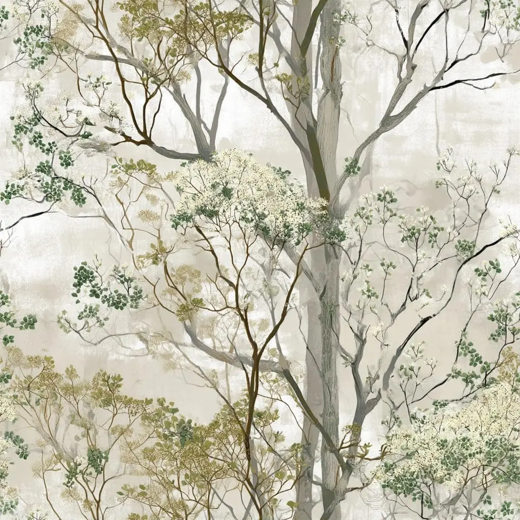 Fantasy Forest Big Tree Floral Wallpaper Self Adhesive Peel and Stick White Blossom Clusters Green Botanical Leaf Wall Paper Removable Waterproof for Bedro