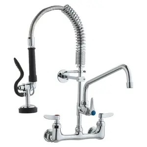 Wall-Mounted Brass Kitchen Faucet, 21 Tall, 8 Installation Width, Includes 12 Rotating Spout and Pull-Down Sprayer, Suitable for Single, Double, Triple Sinks