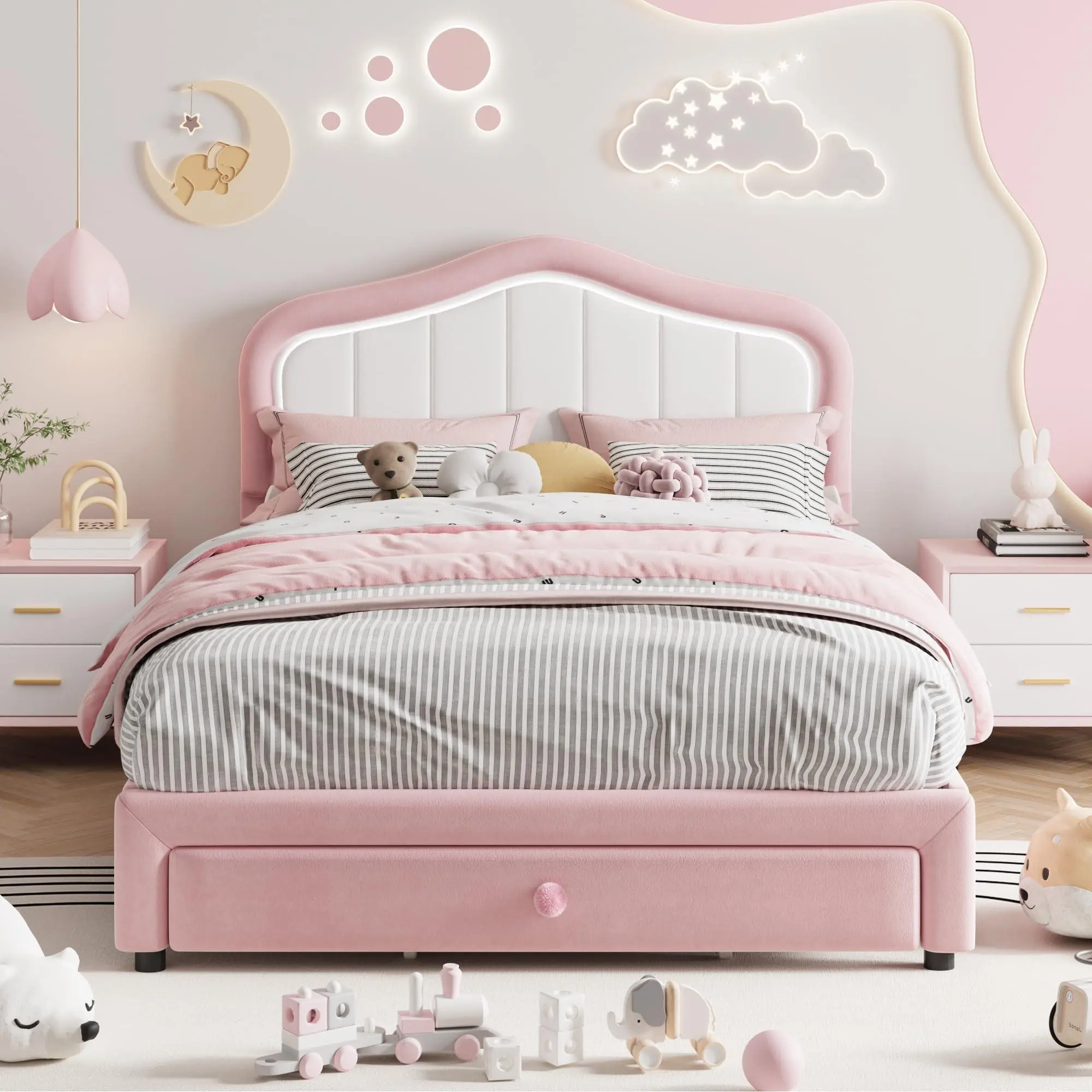 GAOMON Full Upholstered Bed Frame With Storage Drawer and Smart Led Headboard, Princess Full Size Platform Bed Frames for Kids/Girls, Wooden Slats Support, No Box Spring Needed, Easy Assembly, Pink