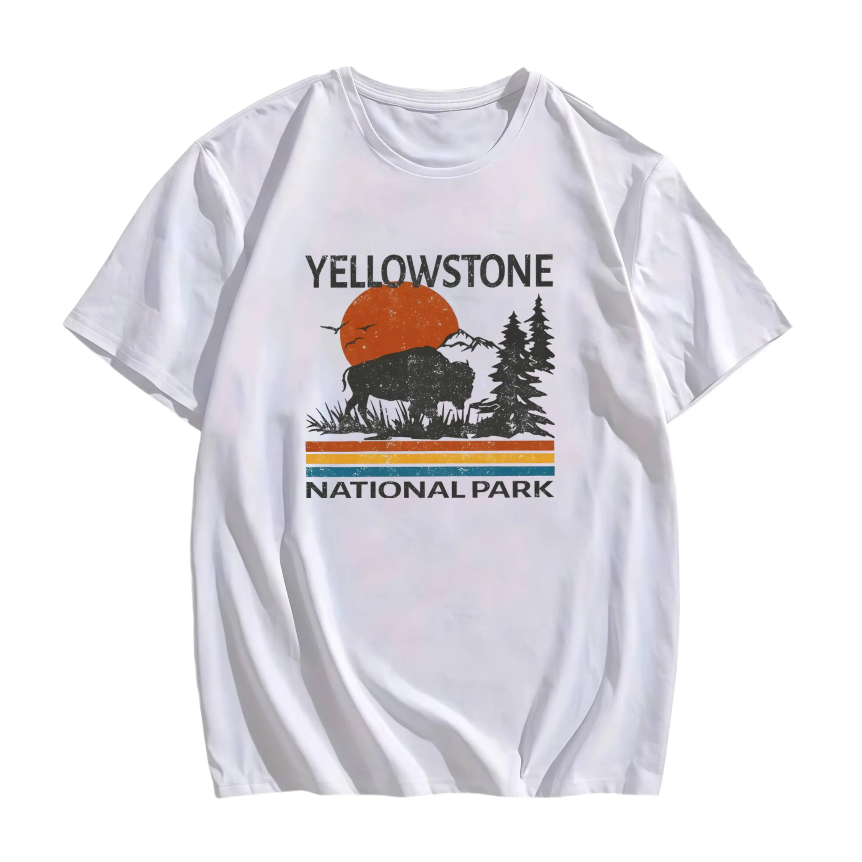 Yellowstone National Park T-Shirt, Round Neck, Vintage Buffalo Graphic Tee, Soft Casual Short Sleeve Top for Women, Outdoor Travel Enthusiasts, Casual Matching Clothing summerwins