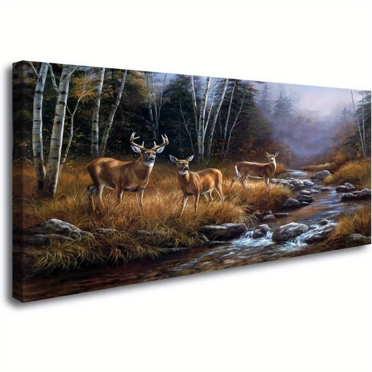 canvas wall art Inside frameYellow Landscape Wall Art Canvas Printed Oil Painting Wildlife Animal Deers Picture Living Dining Room Decorations Modern Framed Panel Piece(Wrapped Canvas) Ornaments Photo Artistic