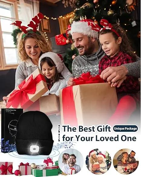 Bluetooth Beanie Hat with LED Light Wireless Musical Knitted Cap with Headphone Stereo Speakers & Mic for Running Hiking Jogging Christmas Gifts for Men Women Black