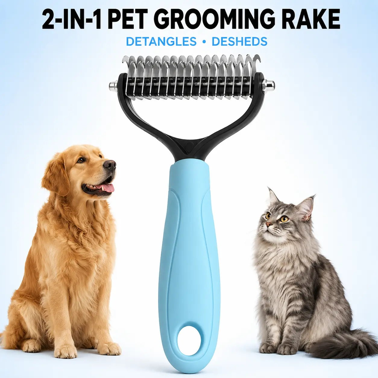 Stainless Steel Pet Dematting Comb, Double-Sided Undercoat Rake & Deshedding Brush for Dogs and Cats, Removes Loose Fur, Tangles and Knots, for Long & Thick Coats