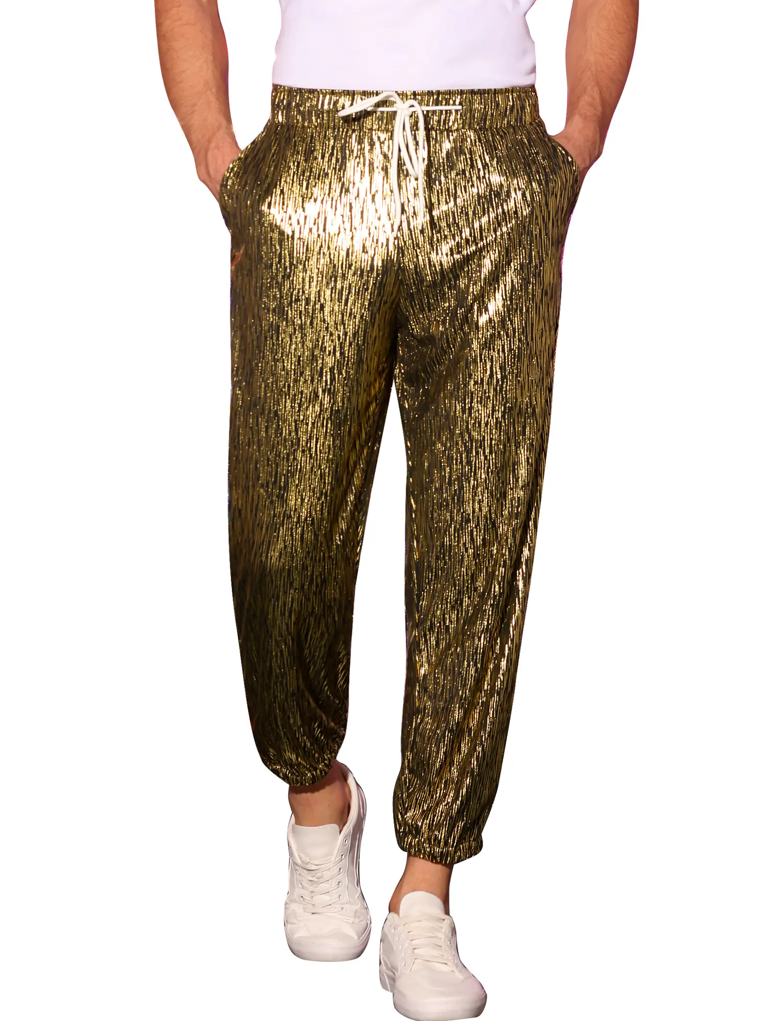 INSPIRE CHIC Metallic Pants for Men's Sparkle Sequin Dance Shiny 70s Disco Trousers